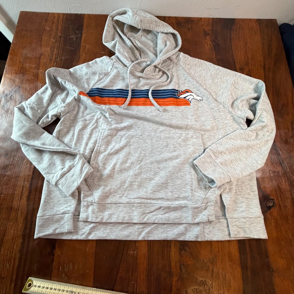 NFL Team Apparel Denver Broncos Womens Heather Gray Striped Pullover Hoodie L
